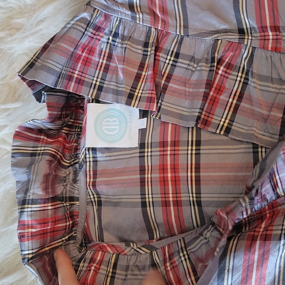 Devon Baer XS Grey Plaid Silk Ruffle Blouse with Suede Elbow Patches - Picture 4 of 6